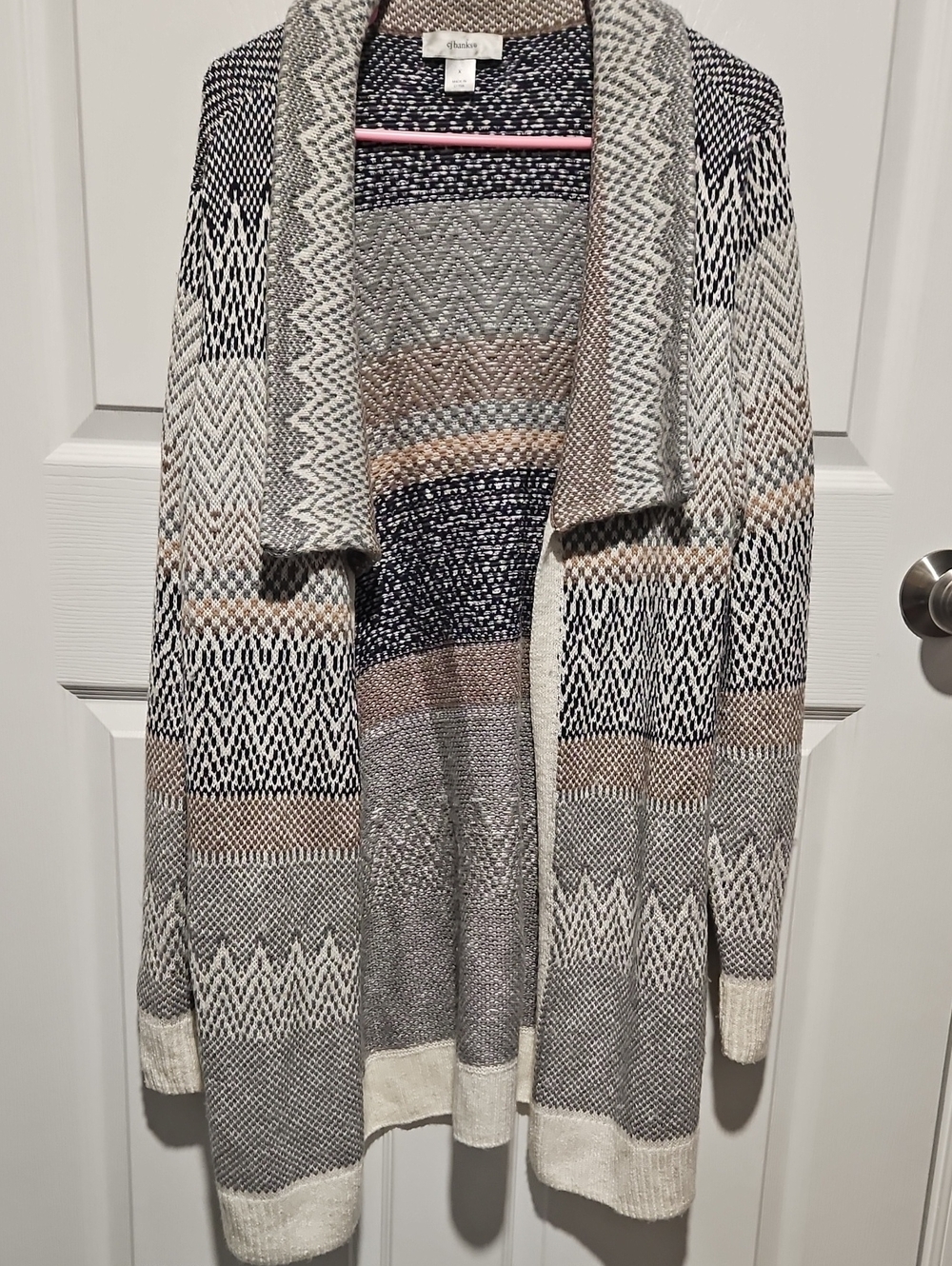 Open-Front Patterned Knit Cardigan Sweater - Gray/Cream/Tan